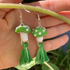 Handmade Polymer Clay Mushroom Earrings with Drop Tassels